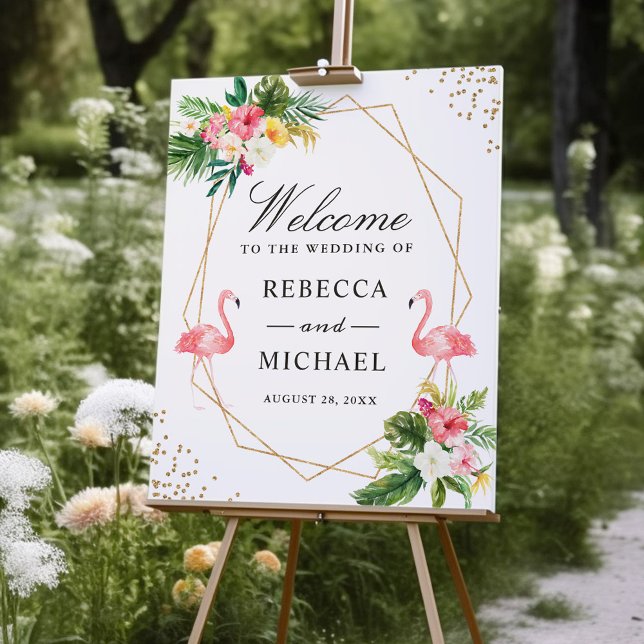 Tropical Floral Flamingos Wedding Welcome Sign (Creator Uploaded)