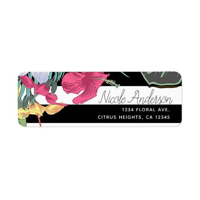 Tropical Floral Flowers Leaves Black White Stripes (Front)