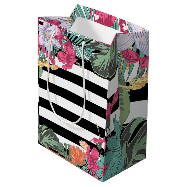 Tropical Floral Flowers Leaves Black White Stripes Medium Gift Bag (Back Angled)
