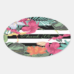 Tropical Floral Flowers Leaves Black White Stripes Oval Sticker