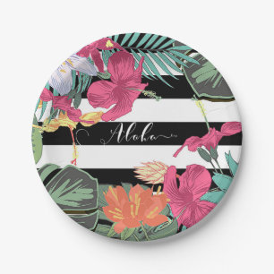 Tropical Floral Flowers Leaves Black White Stripes Paper Plate