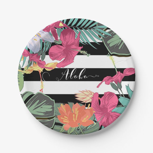 Tropical Floral Flowers Leaves Black White Stripes Paper Plate (Front)