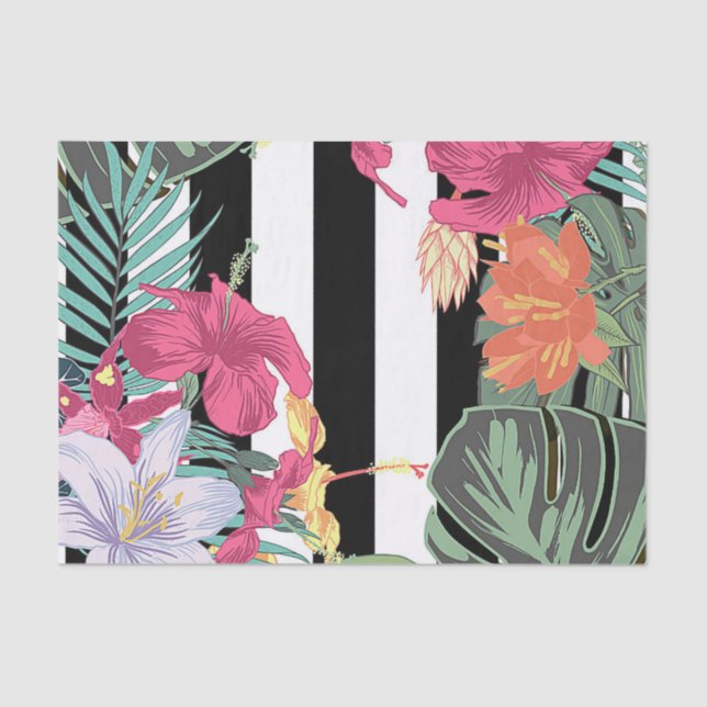 Tropical Floral Flowers Leaves Black White Stripes Tissue Paper (Front)