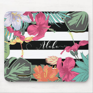 Tropical Floral Flowers Leaves Chic Botanical Mouse Mat