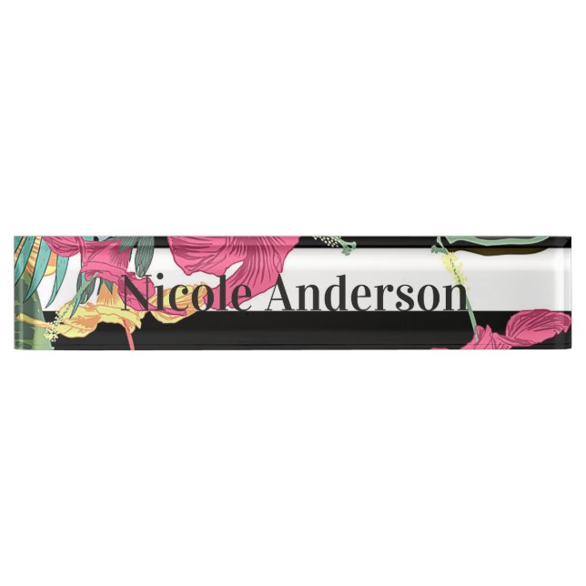 Tropical Floral Flowers Leaves Chic Botanical Nameplate (Front)