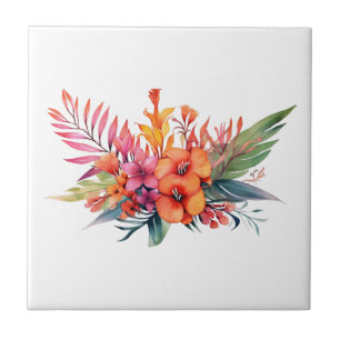 Tropical Floral Flowers Pink Peach Yellow Orange  Tile