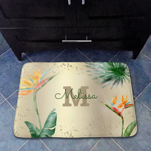 Tropical Floral Foliage Monogram Script Gold Foil  Bath Mat