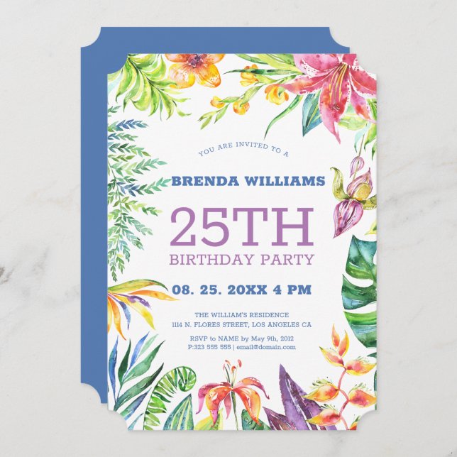 Tropical Floral Frame Birthday Party Invite (Front/Back)