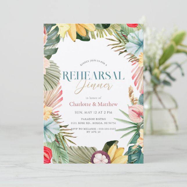 Tropical Floral Fruit Watercolor Rehearsal Dinner Invitation (Standing Front)