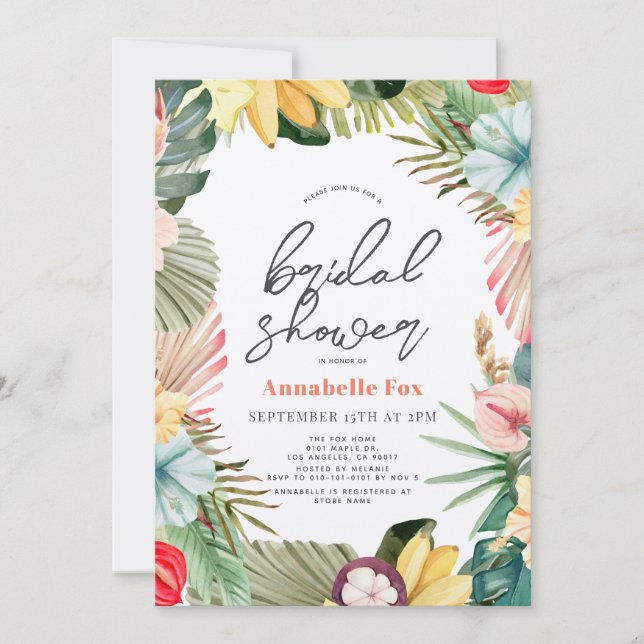 Tropical Floral & Fruits Watercolor Bridal Shower Invitation (Front)