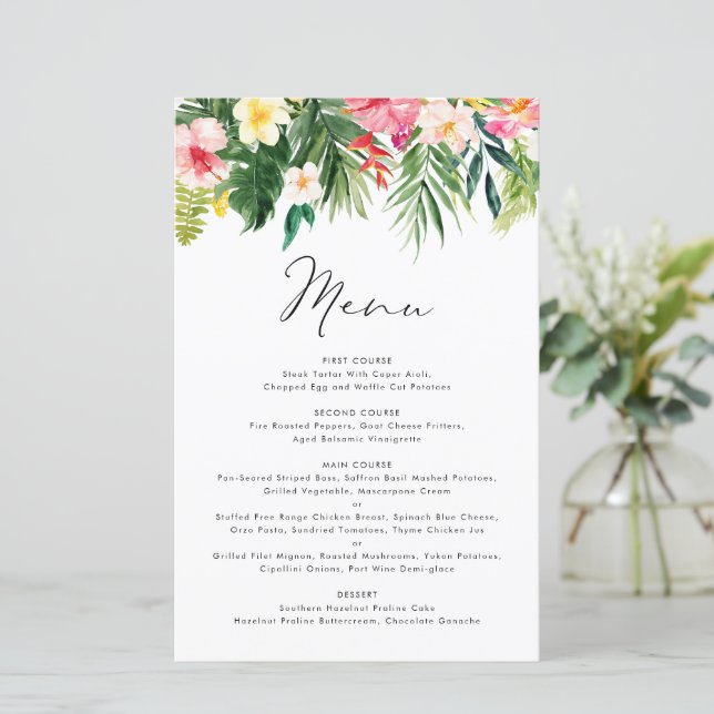 Tropical Floral Garland Summer Menu Card (Standing Front)