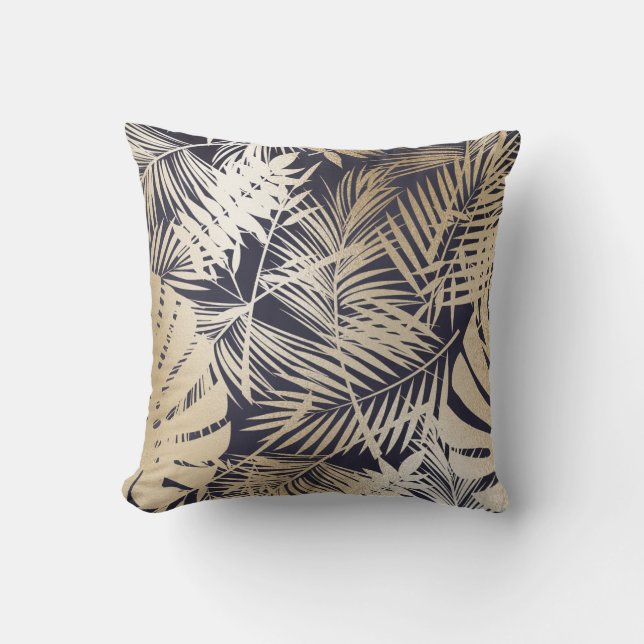 Tropical Floral Gold and Navy Blue Cushion (Front)