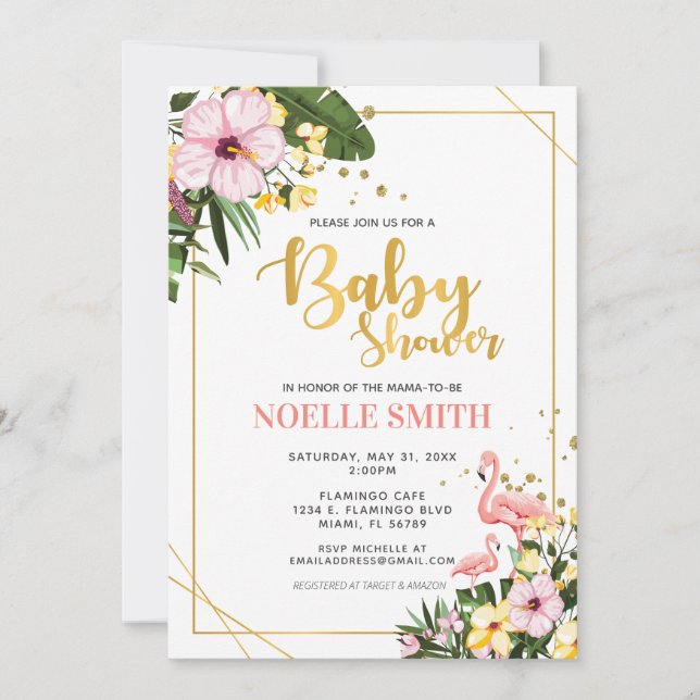 Tropical Floral Gold Flamingo Baby Shower Invitation (Front)