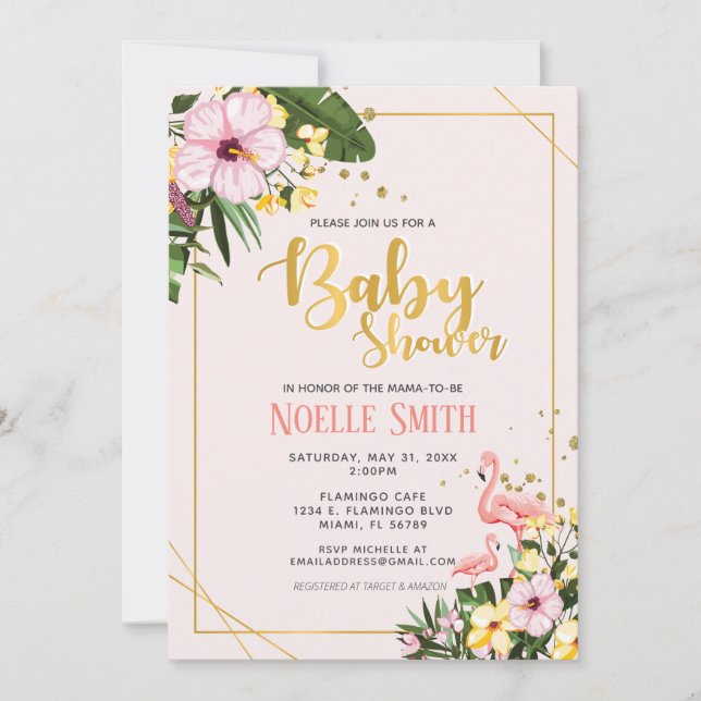 Tropical Floral Gold Flamingo Pink Baby Shower Invitation (Front)