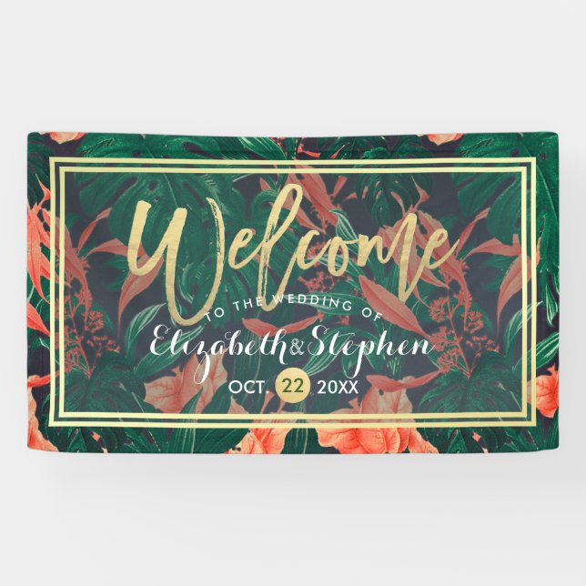 Tropical Floral & Gold Foil Frame Wedding Welcome Banner (Horizontal)