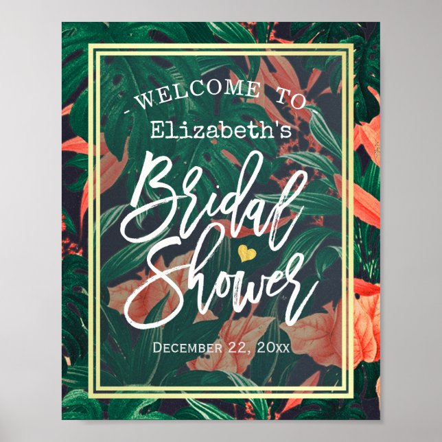 Tropical Floral Gold Frame Bridal Shower Welcome Poster (Front)