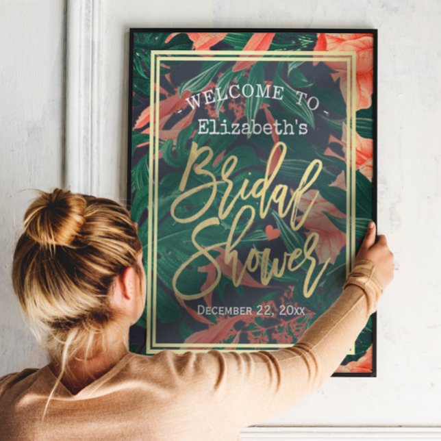 Tropical Floral Gold Frame Bridal Shower Welcome Poster (Creator Uploaded)