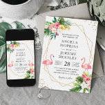 Tropical Floral Gold Frame Flamingo Summer Wedding Invitation<br><div class="desc">Add a touch of tropical flair to your wedding celebration with our Tropical Floral Flamingo Summer Wedding Invitation. This invitation features a beautiful tropical flower design with a geometric frame and flamingos, creating a fun and festive invitation that will set the mood for your wedding. The customisable template allows you...</div>