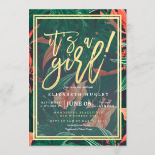 Tropical Floral Gold Frame Hawaiian Baby Shower Invitation