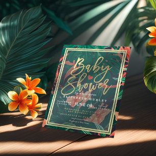 Tropical Floral Gold Frame Hawaiian Baby Shower Invitation