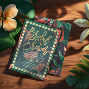 Tropical Floral Gold Frame Hawaiian Bridal Shower Invitation
