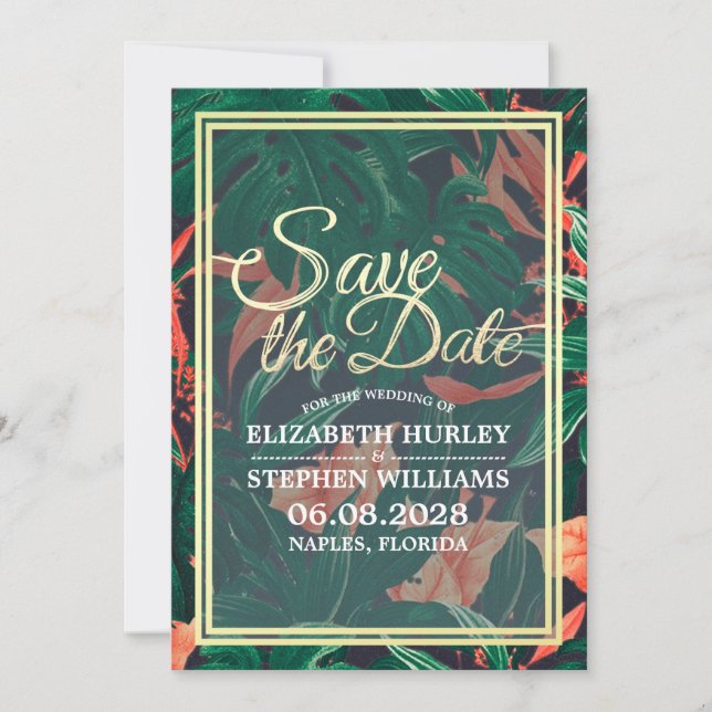 Tropical Floral & Gold Frame Wedding Save The Date (Front)