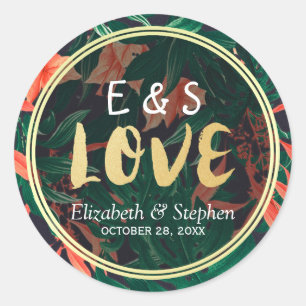Tropical Floral Gold Frame Wedding Thank You Favou Classic Round Sticker
