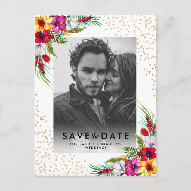 Tropical Floral Gold Photo Wedding Save the Date Invitation Postcard (Front)