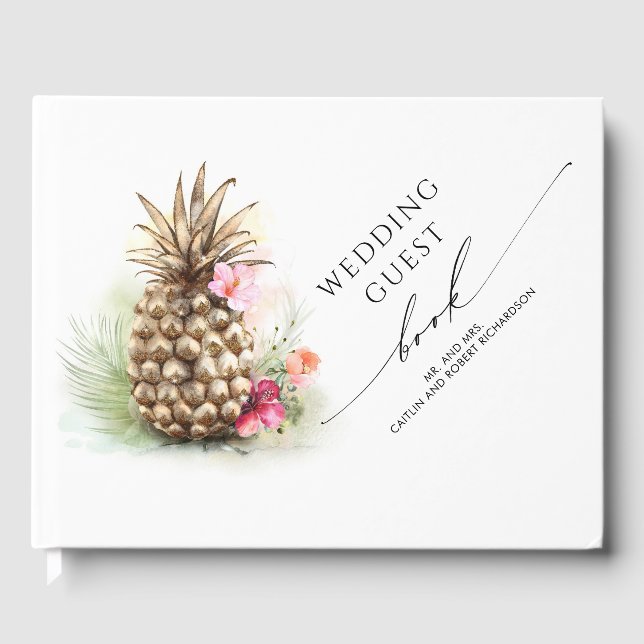 Tropical Floral Gold Pineapple Wedding Guest Book (Front)