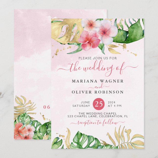Tropical Floral Gold Watercolor Wedding Invitation (Front/Back)
