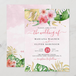 Tropical Floral Gold Watercolor Wedding Invitation
