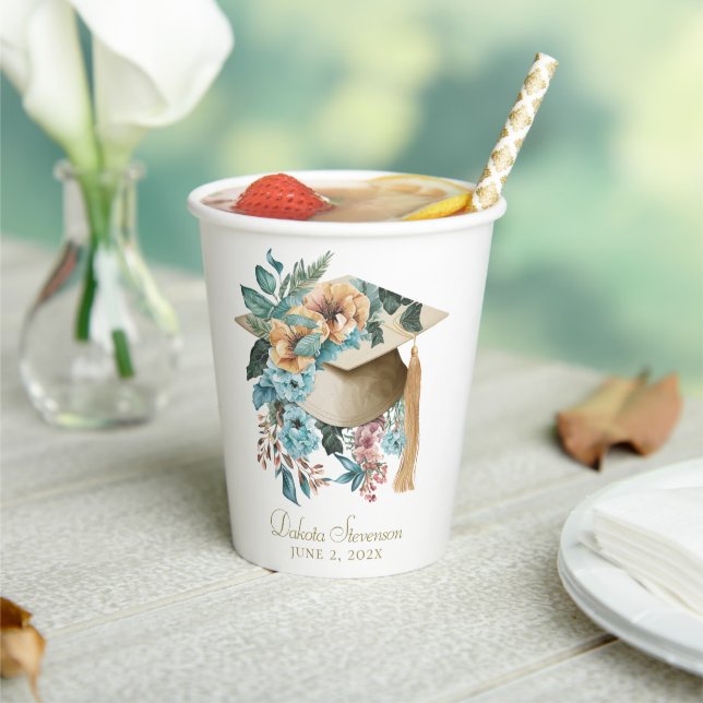 Tropical Floral Graduation Hat and Tassel Party Paper Cups (Insitu)