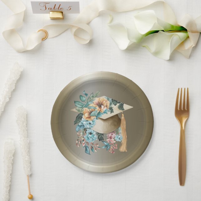 Tropical Floral Graduation Hat and Tassel Party Paper Plate (Wedding)
