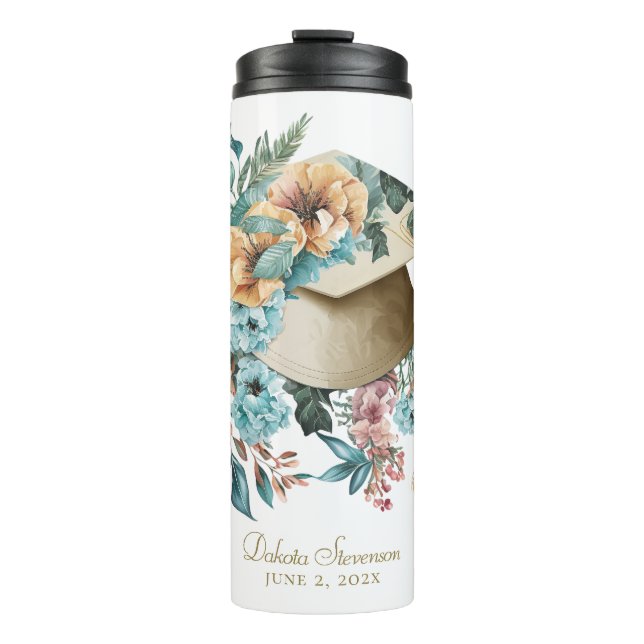 Tropical Floral Graduation Hat and Tassel Party Thermal Tumbler (Front)