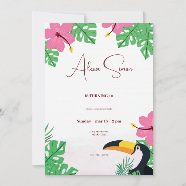 tropical floral green and pink kids birthday party invitation (Front)