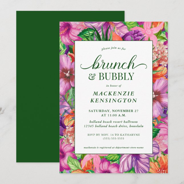 Tropical Floral Green Brunch Bubbly Shower Invitation (Front/Back)