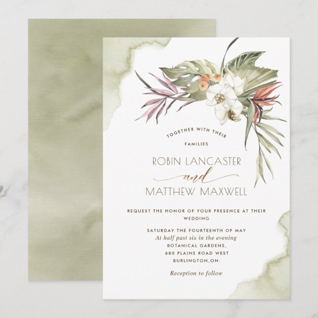 Tropical Floral Green Dried Palm Leaves Wedding Invitation (Front/Back)