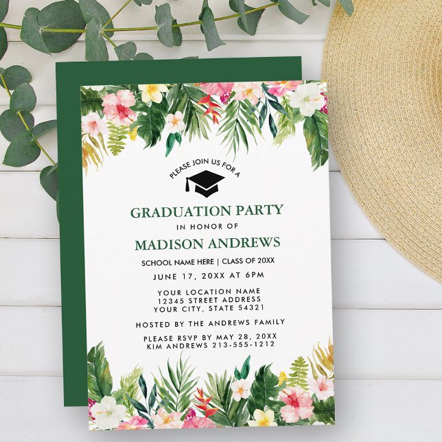 Tropical Floral Green Graduation Party Invitation (Customize to change text color, style, add text & photos to back or change color of back of card.)
