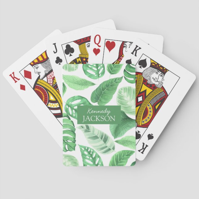 Tropical Floral Green Leaves Greenery Monogram Playing Cards (Back)