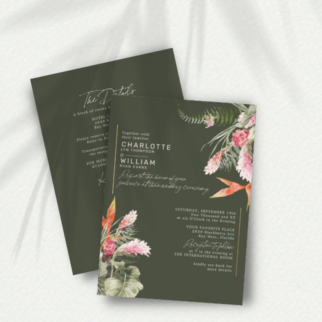 Tropical Floral Green RSVP QR Code Wedding Gold (Creator Uploaded)