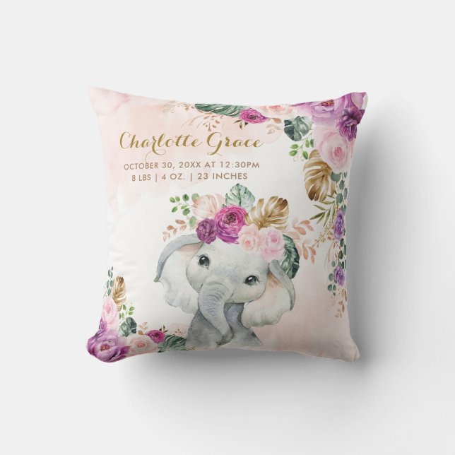 Tropical Floral Greenery Elephant Baby Birth Stats Cushion (Front)