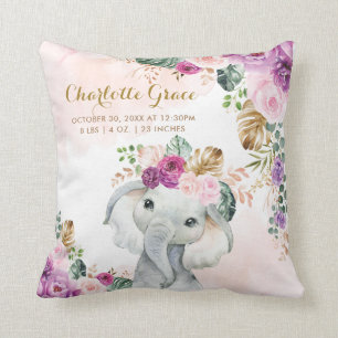 Tropical Floral Greenery Elephant Baby Birth Stats Cushion