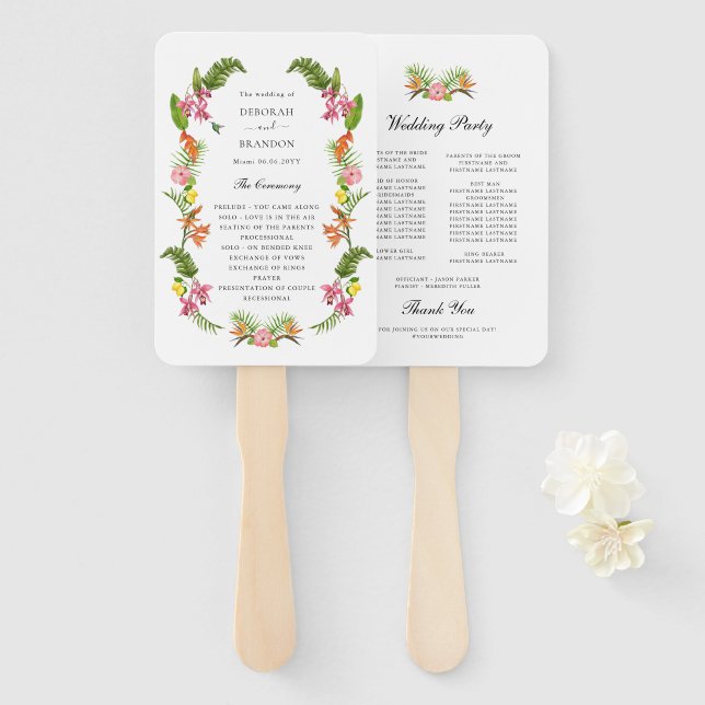 Tropical Floral & Greenery Garden Wedding program Hand Fan (Front and Back)