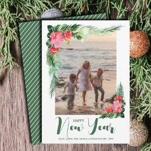 Tropical Floral Happy New Year Photo Holiday Card