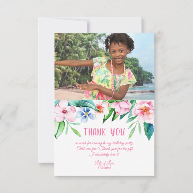 Tropical Floral Hawaiian Birthday Pink Photo Thank You Card (Front)