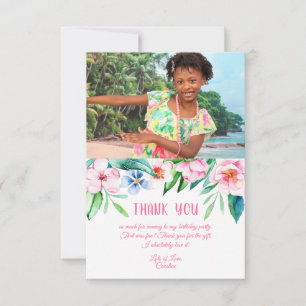 Tropical Floral Hawaiian Birthday Pink Photo Thank You Card