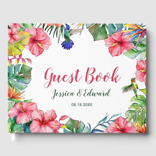 Tropical Floral Hawaiian Frame Wedding Guest Book (Front)