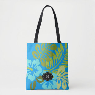 Tropical floral Hawaiian Hibiscus monogram beach Tote Bag