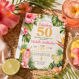 Tropical Floral Hawaiian Luau Fabulous 50 Birthday Invitation