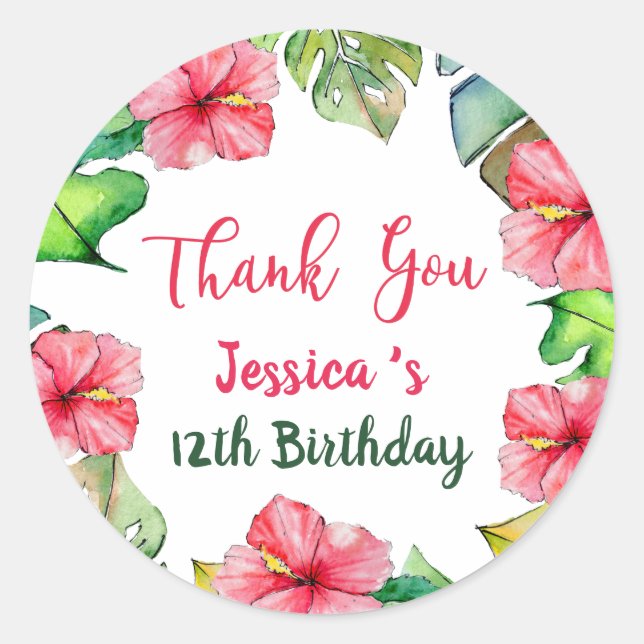 Tropical Floral Hawaiian Thank You Birthday Classic Round Sticker (Front)